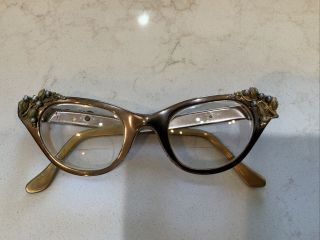 Vintage 50s Mid Century Tura Cat Eye Floral Aluminum Eyeglasses 5 1/2 Gold