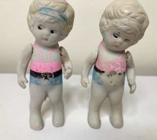 3.  5” Antique Vintage Japanese Bisque Set Of 2 Little Girl Dolls Moveable Arms