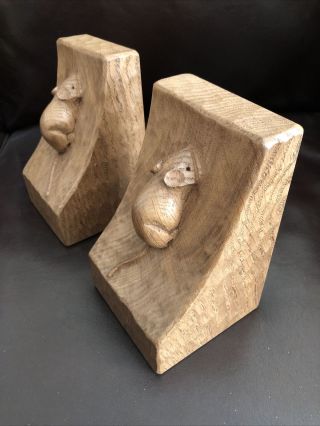 Mouseman Robert Thompson Solid Oak Carved Bookends -