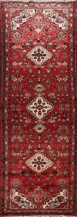 Vintage Red Geometric Hamedan Hand - Knotted Runner Rug Wool Oriental Hallway 3x10
