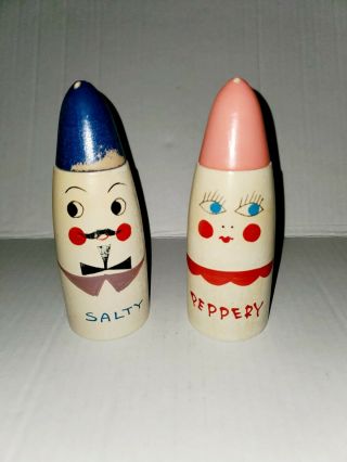Vintage Wooden Salty And Peppery Couple Set 50s