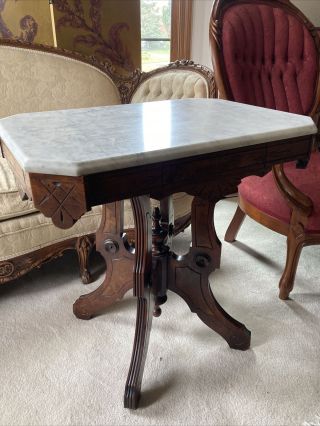 Ornate Burl Walnut Victorian Eastlake Marble Top Table With Fancy Carved Base