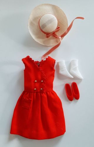 Vtg 1964 Skipper Red Sensation 1901 Red Dress Straw Hat Socks Japan Flat Shoes