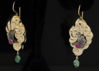 Antique 14k Gold 2.  25ctw Diamond/ruby/carved Emerald Puffy Abstract Earrings