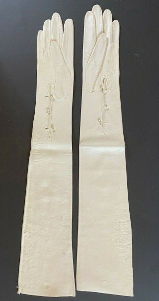 Pair Vintage Lades 23 " Long White Kid Leather Gloves Size 7 Pearllike Closure