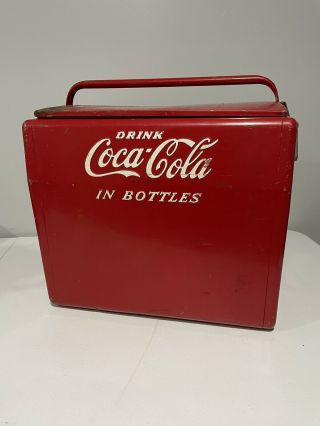 Coca Cola 1950’s Antique Red Metal Cooler With Tray Drink Coca Cola In Bottles