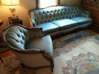 Vintage Blue Velvet Sofa And Chair Set