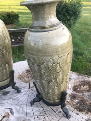 (2) Antique Chinese Porcelain Longquan Celadon Vases Lamps Phoenix Dragon 4