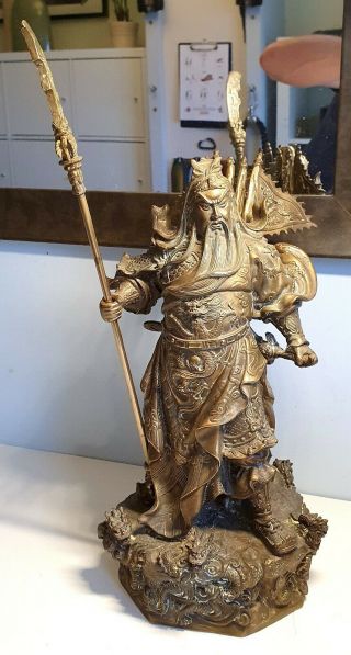 Antique Chinese Brass Dragon Guan Gong Guan Yu Warrior God Statue - Stunning