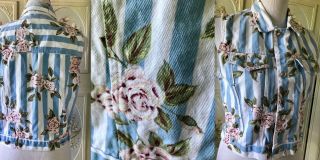 Vtg 90s Denim Blue White Stripe Pink Flowers Sleeveless Jean Jacket Top Cotton M