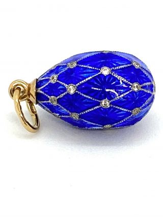 Antique Vintage 14k Gold Blue Guilloche Enamell Diamond Egg Pendant