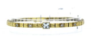 Antique Art Deco Diamond Aquamarine Tennis Bracelet Millwork 14k Yellow Gold 7 "