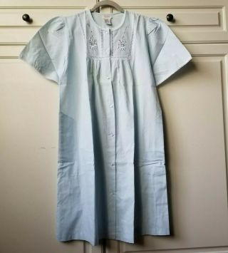 Vtg Barbizon Light Blue Lace Floral Embroidered Button Down Nightgown Robe Sz S