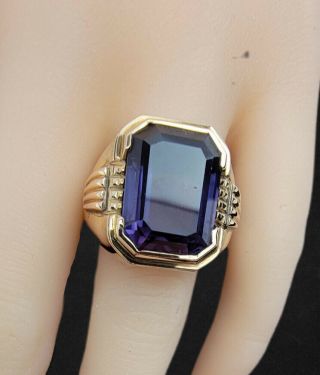 Antique 14k Yellow Gold 9ct Purple Emerald Cut Sapphire Gentleman’s Ring Sz 8.  5