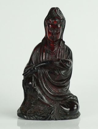 Old Chinese Cherry Amber Bakelite Figure Of Guanyin Early 20th Century