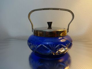 Vintage Silver Plated Sugar Bowl Blue Cobalt Candy Bowl Depressio Style W/lid
