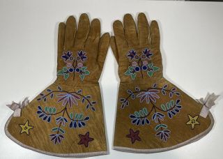 Antique Beaded Leather Gloves Native American Indian Inscribed 1912 South Dakota