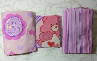 Vtg Vintage Care Bear Carebears Twin Size Bed Sheet Set Pink Purple