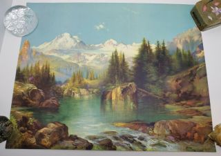 Vintage Thomas Moran Lithograph Print Art Rocky Mountains Lake 20 X 16 Signed