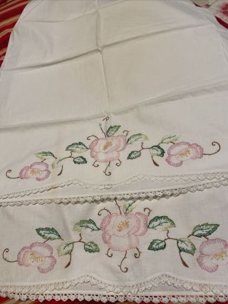 Antique Vintage Set Of 2 Pillowcases Crochet & Floral Embroidery Standard Size