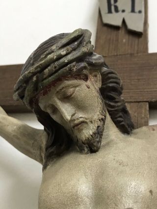Large Antique Wooden Crucifix.  Hand - Carved Figure Of Jesus On Cross.