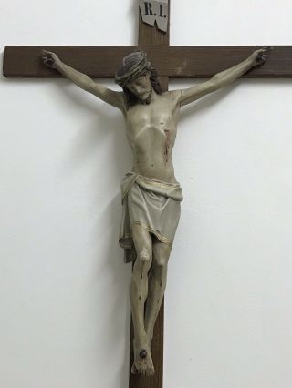 Large Antique wooden Crucifix.  hand - carved figure of Jesus on cross. 2