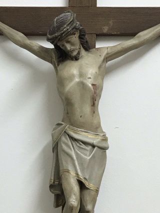 Large Antique wooden Crucifix.  hand - carved figure of Jesus on cross. 3