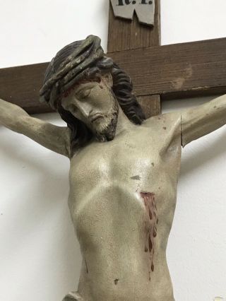 Large Antique wooden Crucifix.  hand - carved figure of Jesus on cross. 4