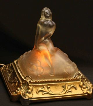 Antique C.  1920s Art Deco Nude Lady Lamp,  Frosted Glass & Metal