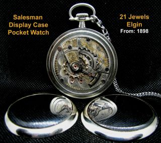 Antique 21 Jewels 18 Size Salesman Display Case Railroad Pocket Watch Elgin