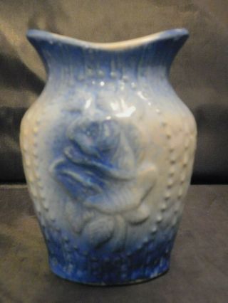 Vintage Antique Salt Glaze Blue White Rose Flower Vase Pottery Stoneware