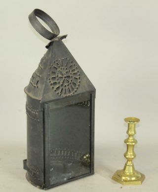 A 19th C Tin And Glass Punched Tin Hanging Barn Lantern In Old Black Paint