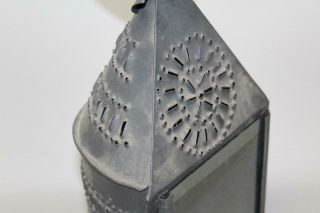 A 19TH C TIN AND GLASS PUNCHED TIN HANGING BARN LANTERN IN OLD BLACK PAINT 3