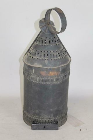 A 19TH C TIN AND GLASS PUNCHED TIN HANGING BARN LANTERN IN OLD BLACK PAINT 4