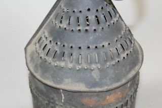 A 19TH C TIN AND GLASS PUNCHED TIN HANGING BARN LANTERN IN OLD BLACK PAINT 5