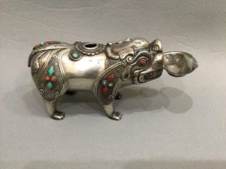 Antique Chinese Tibetan Silver Turquoise Coral Foo Dog Incense Burner Sculpture