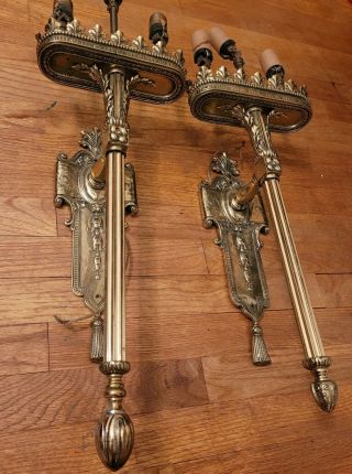 (2) 1930s Large Antique Vtg French Style Brass Ornate Sconce Wall Lamps