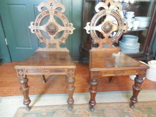 Antique English Victorian 2 Gothic Style Carved Oak Hall Chairs