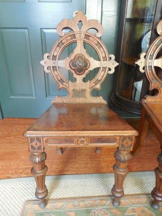 Antique English Victorian 2 Gothic Style Carved Oak Hall Chairs 2
