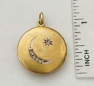 Antique Victorian 14k Gold Rose Cut Diamond Moon & Star Locket Watch Fob Charm