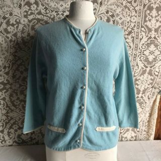 Vintage 1950s 1960s Light Blue Wool Blend Cardigan Sweater Pearl Buttons Glasgo