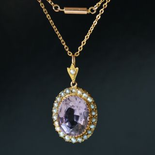 Antique Edwardian 15ct 625 Rose Gold Seed Pearl Amethyst Pendant 9ct 375 Chain