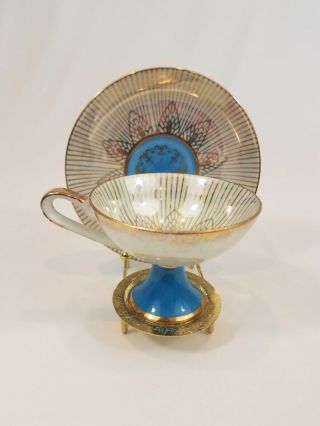 Vintage Lm Royal Halsey Teacup & Saucer Blue Turquoise Iridescent Gold Trim