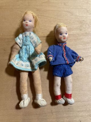 Two Cloth W/ Wire Armature Dollhouse Size Children Dolls - A Boy And A Girl