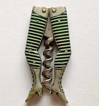 Antique Ladies Legs Green And White Striped Corkscrew - Made In Germany