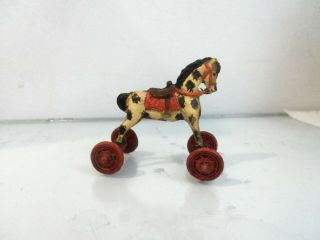 Vintage Dollhouse Miniature Metal Rocking Horse On Red Wheels