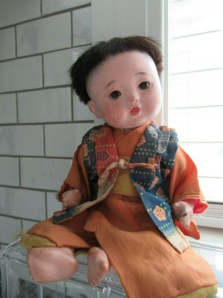 Antique Chinese Doll Composition Silk Clothing All