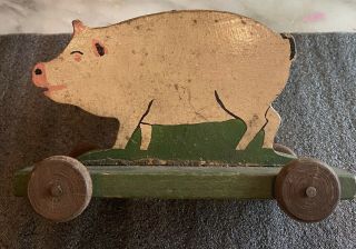 Antique Handmade Wood Toy Pig On Wheels