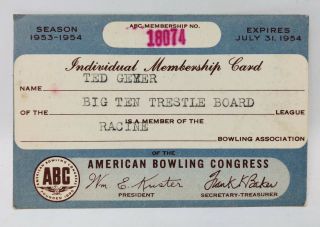 Vintage 1954 American Bowling Congress Racine Wis Association Membership Card