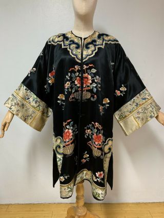 Antique Vintage Chinese Hand Embroidered Mandarin Kimono Robe Dress Coat China